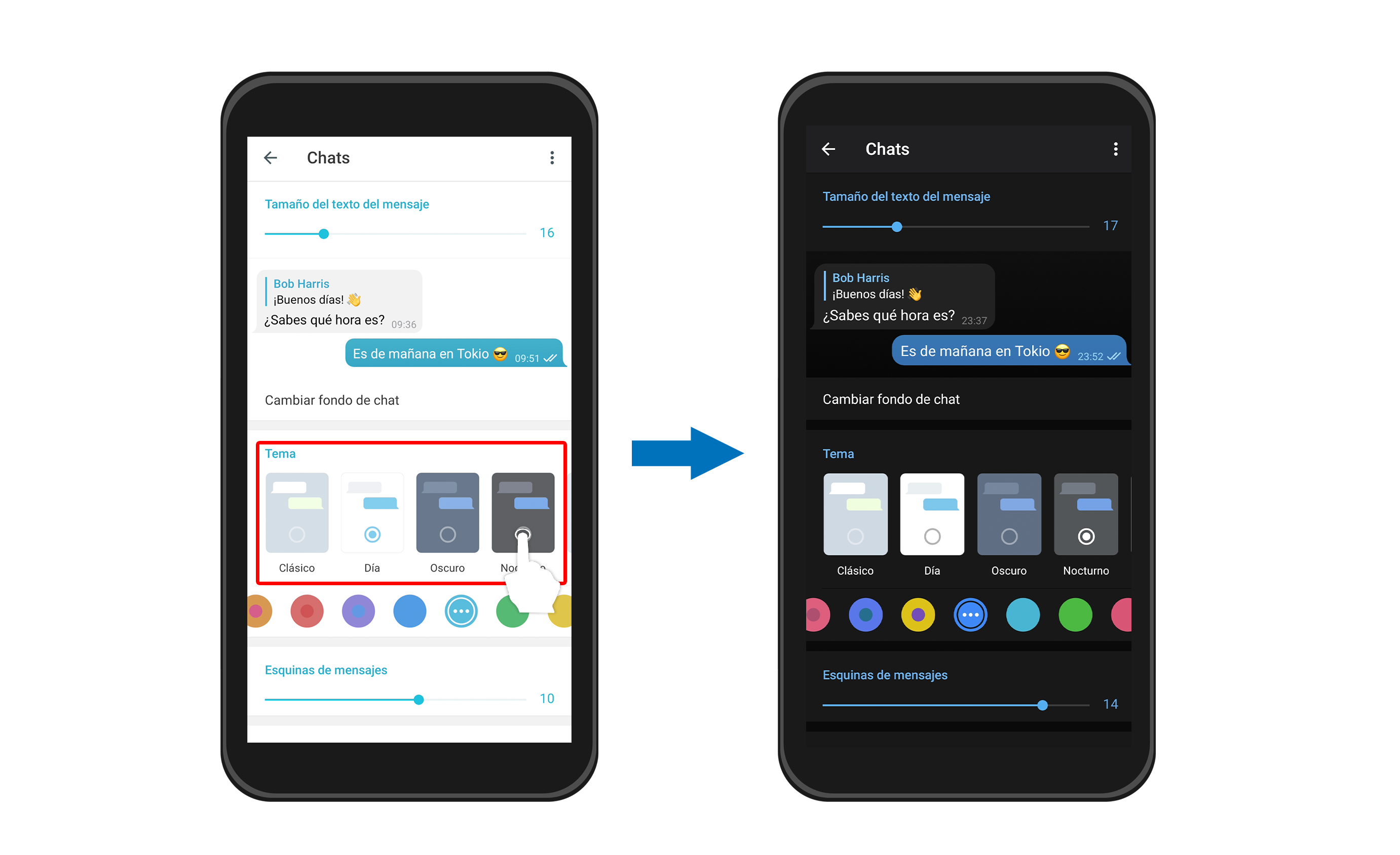 En estos ajustes, podrás personalizar el tema de visualización de tu chat, allí podrás elegir un color genérico para el tema y también activar el Modo oscuro en la App.